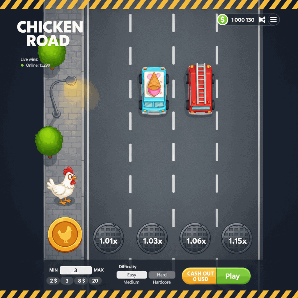 Schermata del gioco Chicken Road di InOut che mostra una gallina bianca in piedi su un marciapiede urbano accanto a una strada a più corsie con linee tratteggiate bianche. Sulla strada sono visibili coperte di tombini circolari con moltiplicatori crescenti. Lo sfondo mostra alberi verdi e un lampione grigio. L'interfaccia di gioco include il logo Chicken Road in alto, indicatori di vittoria in tempo reale, saldo del giocatore e pannello di controllo delle puntate in basso con livelli di difficoltà Easy, Medium, Hard e Hardcore.